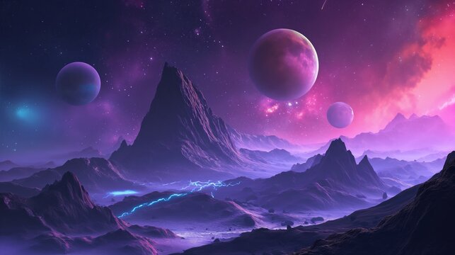 A fantastical extraterrestrial landscape with a mountainous terrain under a starry sky, illuminated by the ambient light from multiple vibrant planets.
