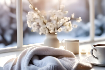 Fototapeta na wymiar Details of a still life in the living room of a home interior. White cup of coffee and scarf near a frozen window. Cozy spring winter concept. Playground AI platform