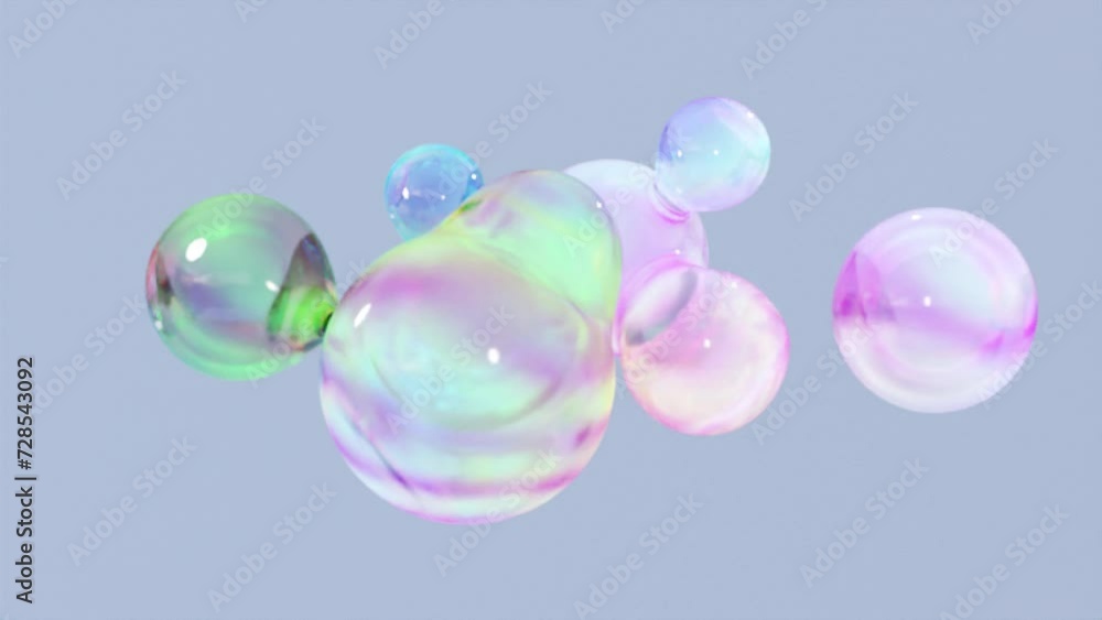 Poster transforming liquid blobs in a metaball animation. 3d abstract colorful metaballs in the background.