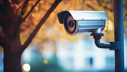 Surveillance camera in the city through the leaves of trees