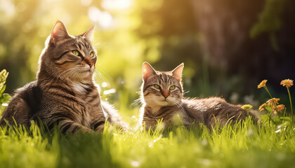 Naklejka na ściany i meble Cute kittens in the grass in summer