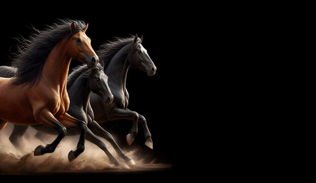 running horses on black background