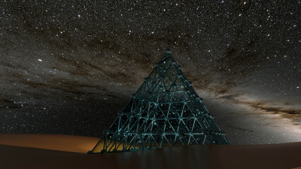 A blue transparent glass pyramid in a dune with milky way galaxy in background (3D Rendering)