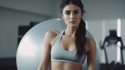 A woman in a sports bra top standing in front of a gym ball. Perfect for fitness and exercise concepts