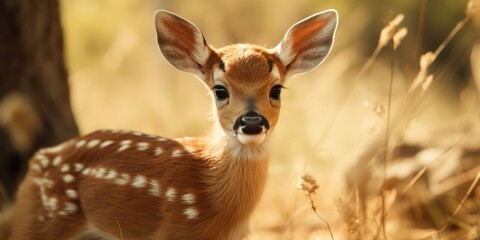 A young deer standing in a field of tall grass. Perfect for nature and wildlife enthusiasts