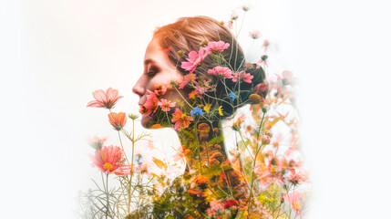 A woman surrounded by blooming flowers in a garden, highlighting the serene connection between women and nature against a bright white backdrop