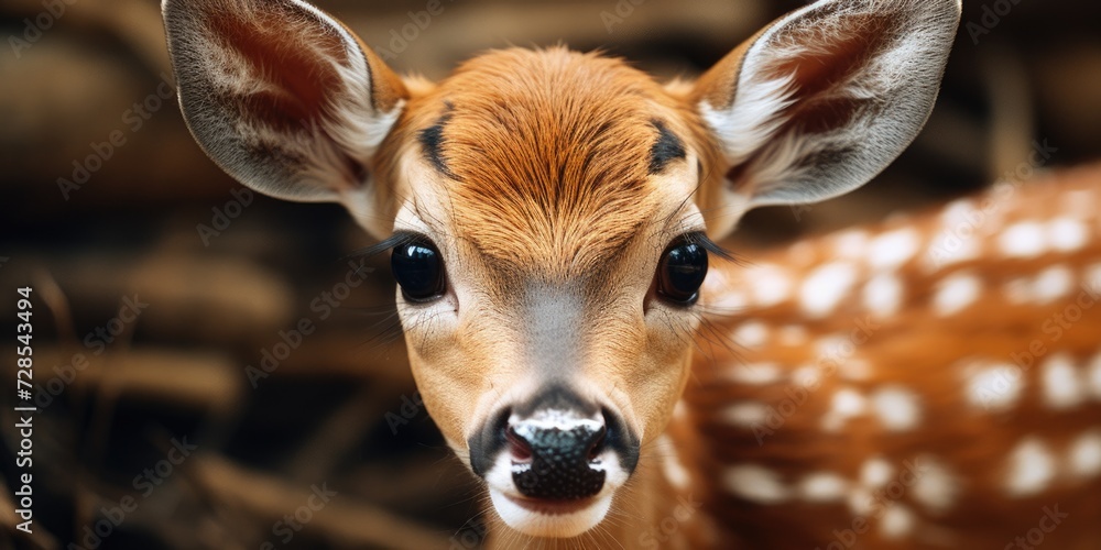 Poster a close-up view of a deer's face with a blurred background. suitable for nature and wildlife-themed 