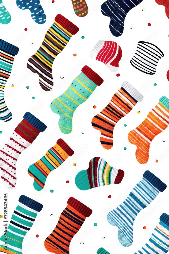 Poster a vibrant collection of socks laid out on a clean white background. perfect for showcasing different