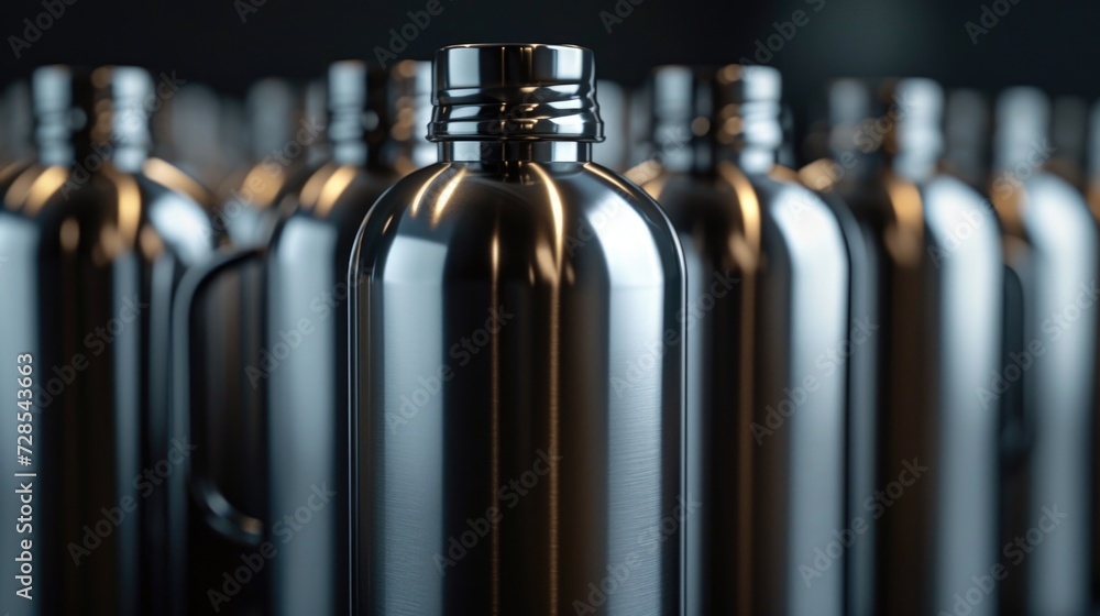 Aufkleber a collection of metal bottles arranged in a row. ideal for showcasing different designs and styles.
