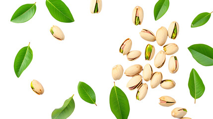  pistachio nuts with leaves on a white background 