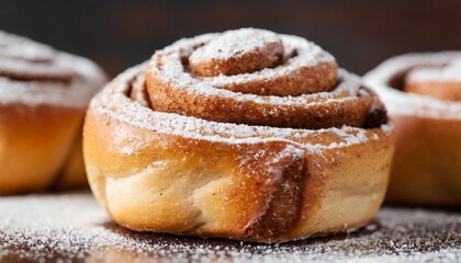 Close-up of cinnamon buns with powdered sugar. Fresh bakery.