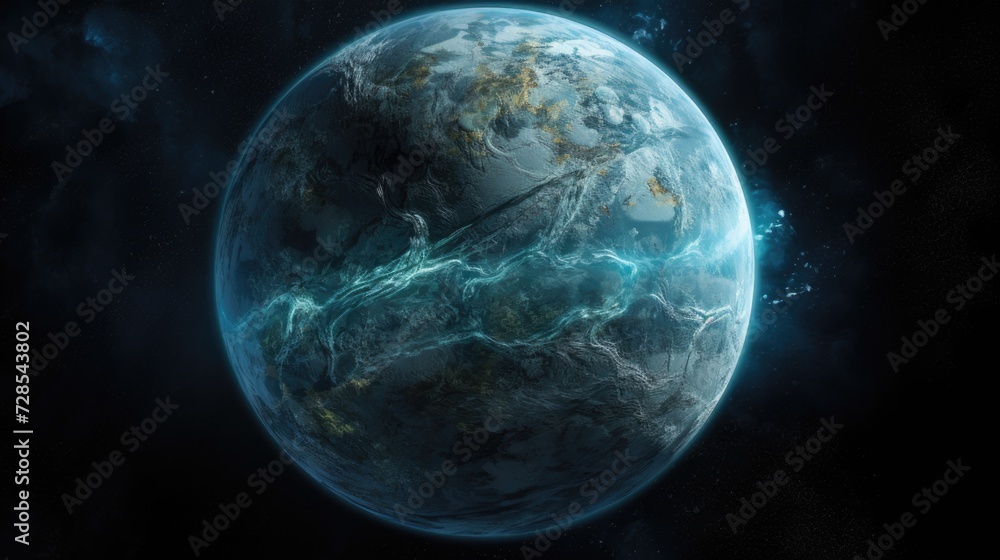 Poster a stunning image of a blue planet set against a black background. perfect for science and technology
