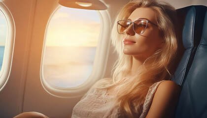 Businesswoman on airplane near the window flying on vacation, March 8 World Women's Day - obrazy, fototapety, plakaty