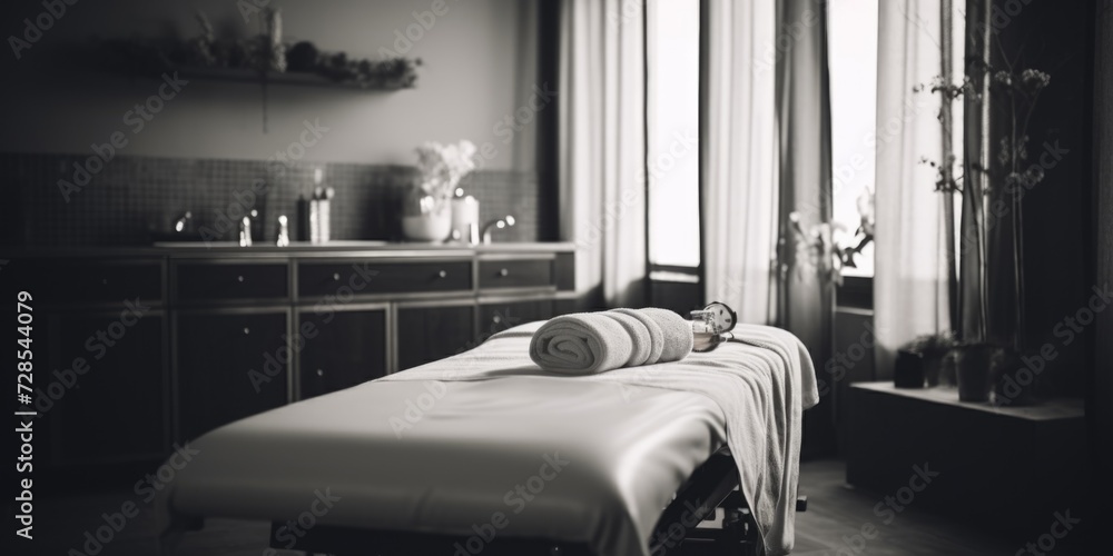 Poster A massage table with neatly arranged towels. Perfect for spa and wellness-related content