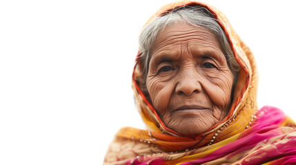 A high-quality photograph capturing the wisdom and strength of an elderly indian woman