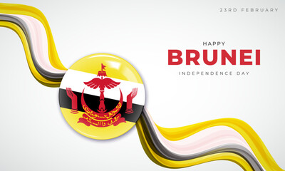 23rd February - Brunei Independence Day Banner and Wish. Happy Independence Day of Brunei Celebration with Text and Brunei Flag Vector Illustration