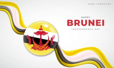Deurstickers 23rd February - Brunei Independence Day Banner and Wish. Happy Independence Day of Brunei Celebration with Text and Brunei Flag Vector Illustration © SachinGusain
