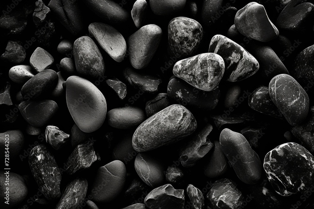Poster a black and white photograph showcasing rocks and pebbles. suitable for various uses