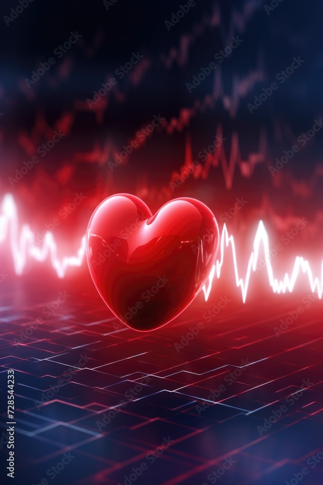 Poster A red heart on a computer keyboard with a line of heartbeats in the background. This image can be used to represent love, technology, or the connection between emotions and digital communication