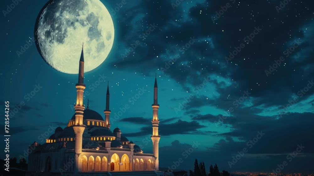 Poster a large white mosque with a full moon in the sky. this image can be used to depict religious archite