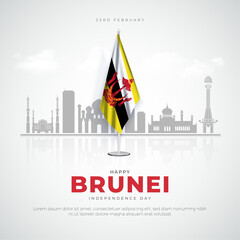 Brunei Independence Day Social Media Post and Greeting Card. 23rd February - Independence Day of Brunei Celebration with Text and Brunei Flag Vector Illustration