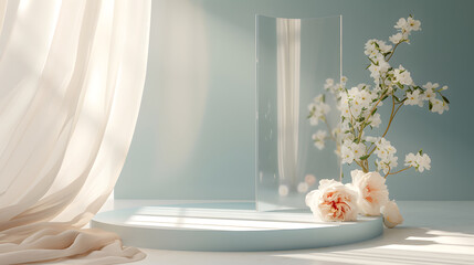 minimalist podium with sunlight and flowers, natural podium background, for advertising products