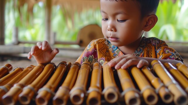 A little boy happily playing with a musical instrument. This image can be used to depict a child's love for music and the joy of learning to play an instrument