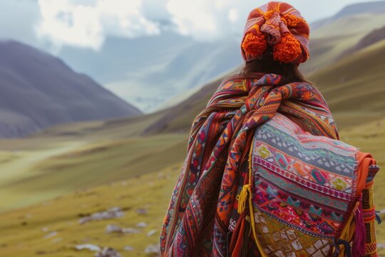 A woman wearing a colorful blanket on her back. Can be used to depict relaxation, warmth, or outdoor activities