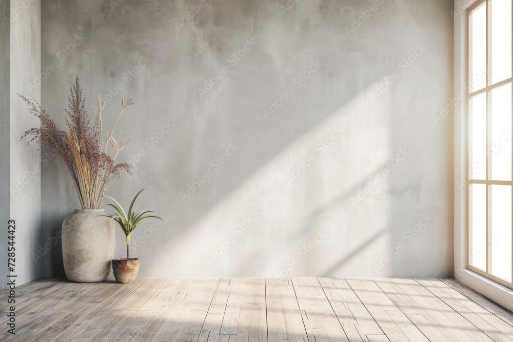 Poster an empty room featuring a single plant in a vase. perfect for interior design concepts