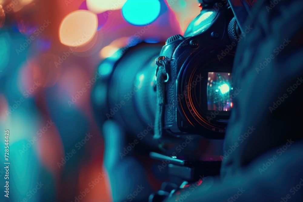 Poster camera on tripod, ready for capturing the perfect shot. ideal for photography and videography projec