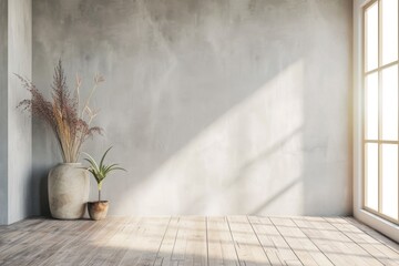 An empty room featuring a single plant in a vase. Perfect for interior design concepts