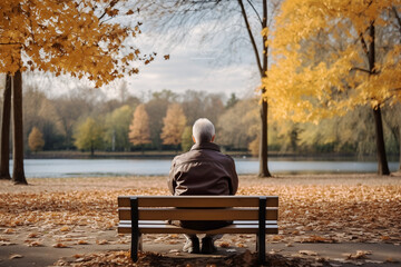 Grey-haired senior man resting on bench in park, admiring nature, back view. AI Generative