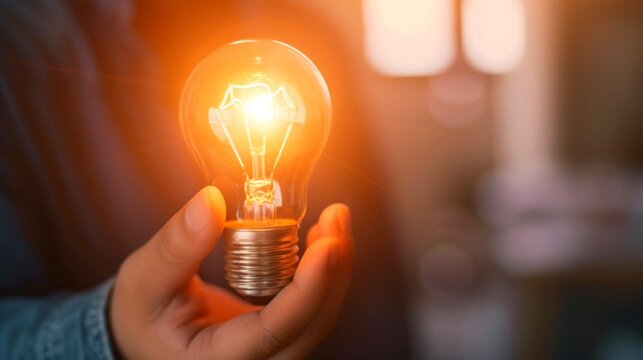 Close-up, Hand of businessman holding illuminated light bulb, idea, innovation and inspiration concept