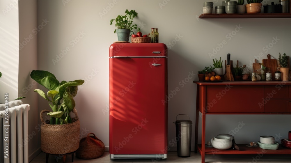 Poster a red refrigerator sits in a kitchen next to a window. this image can be used to showcase a modern k