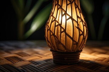A bamboo lamp placed on a table. Suitable for adding a natural touch to any interior design