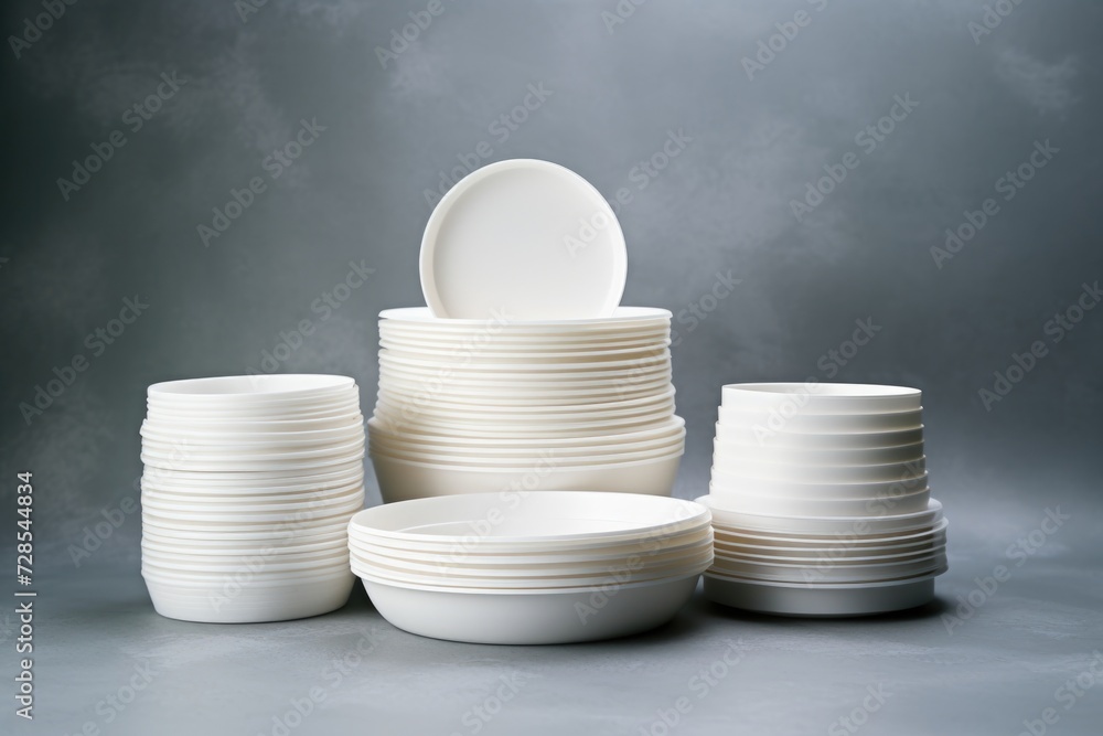 Aufkleber a stack of white plates and bowls on a table. suitable for various dining and kitchen-related concep