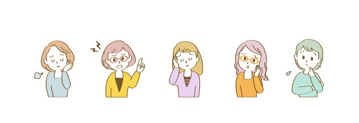 吹き出しセリフが似合うネガティブな表情の40代女性セット/横長/カジュアル/主線あり
