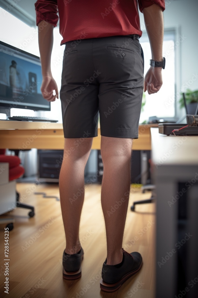 Leinwandbilder A man standing in front of a computer desk. Suitable for technology-related projects