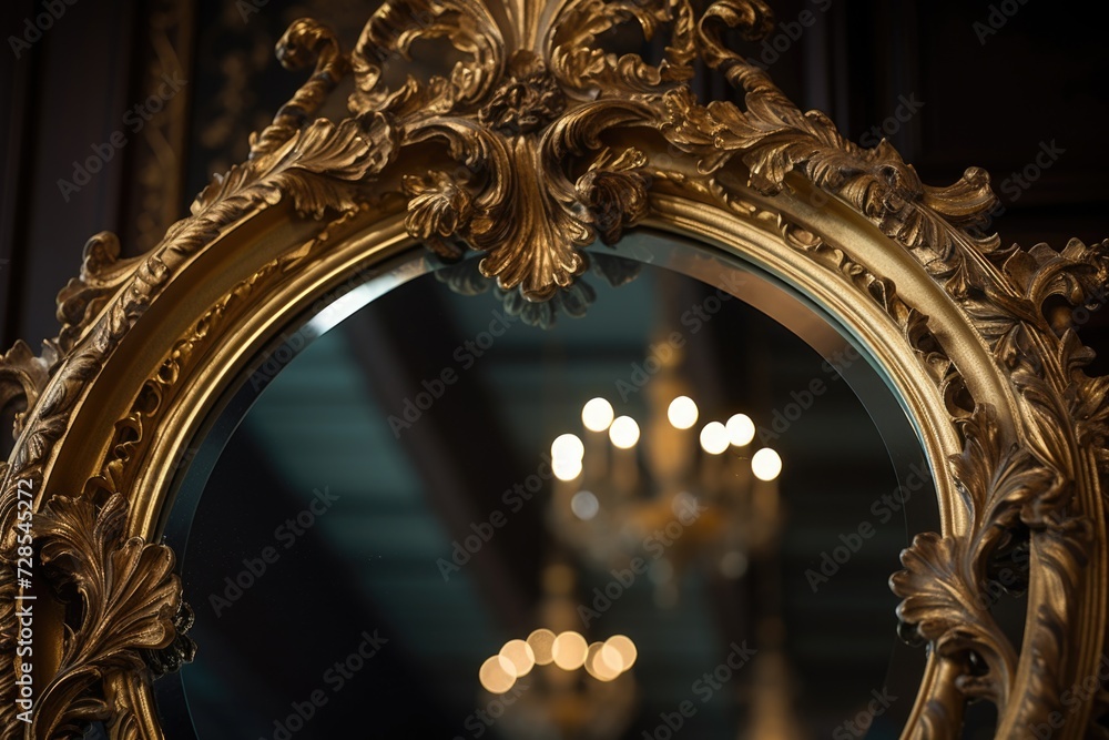 Poster A gold framed mirror with a chandelier in the background. Perfect for adding an elegant touch to any room