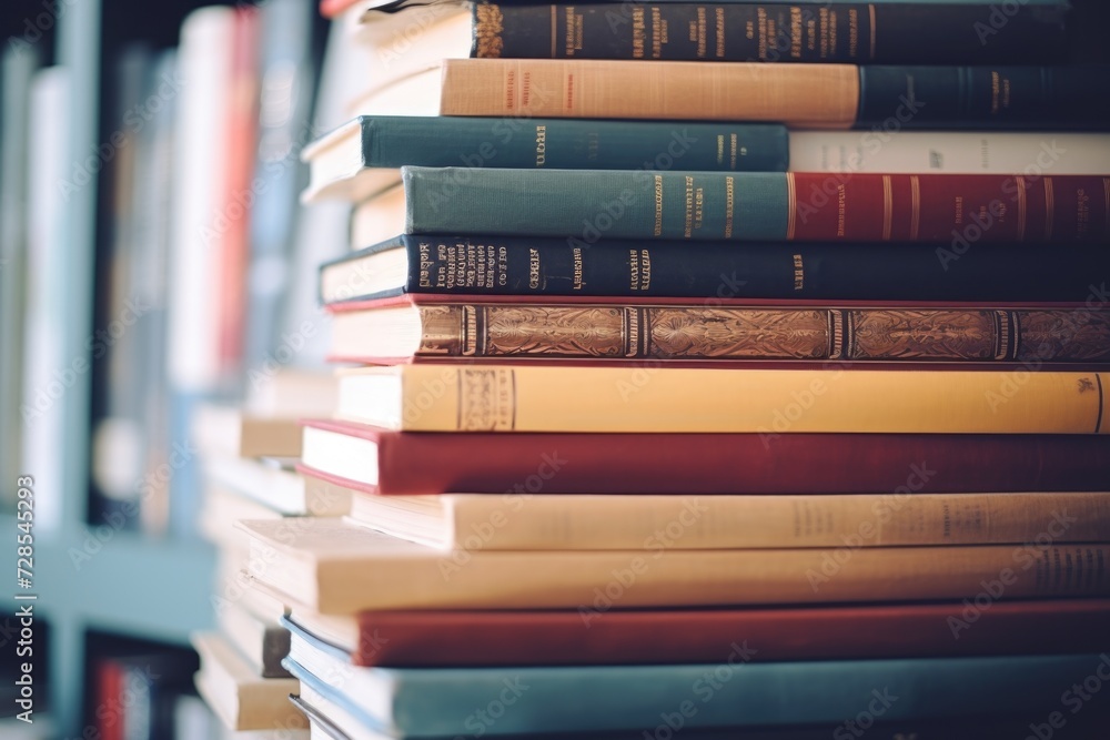 Poster a stack of books sitting on top of a bookshelf. perfect for educational or library-themed designs