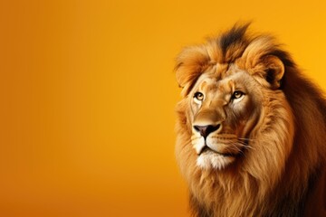 Fototapeta premium A close up photograph of a lion on a vibrant yellow background. This image can be used to add a bold and eye-catching touch to any design project