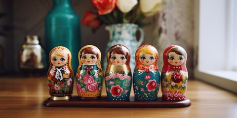 A group of Russian nesting dolls sitting on a table. Perfect for cultural or decorative purposes