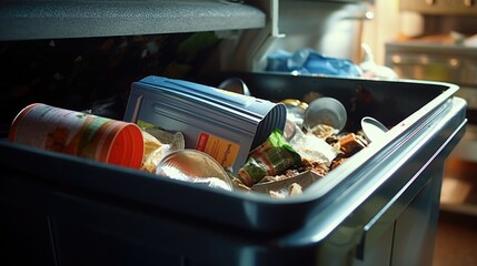 A blue trash can filled with food in a kitchen. Perfect for illustrating food waste or cleaning up after a meal