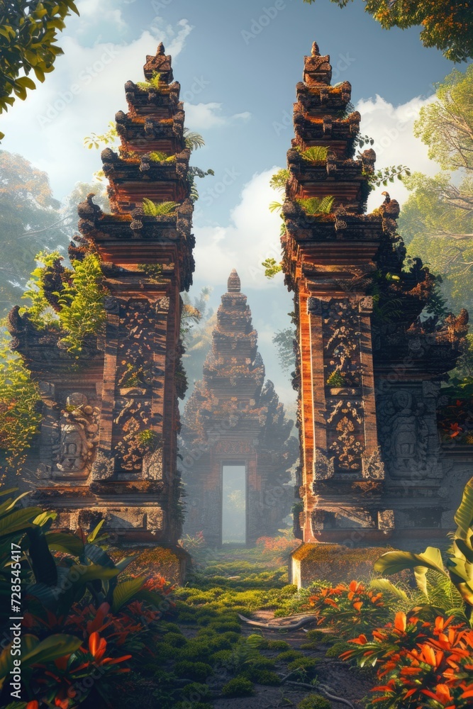 Poster a gate in the middle of a lush green forest. this image can be used to depict a mysterious entrance 