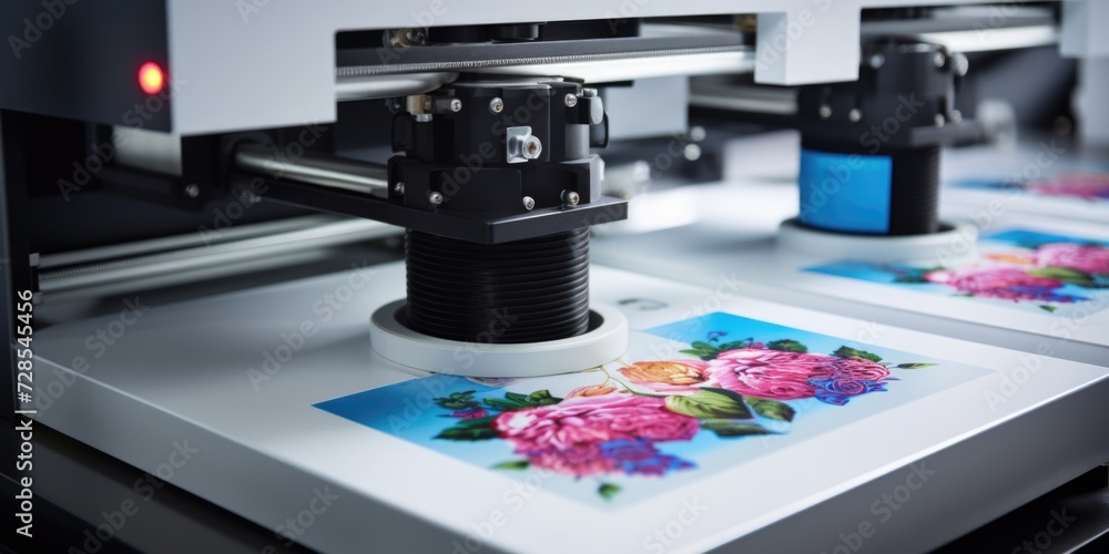 Poster picture of a printer in the process of printing a colorful image of flowers. suitable for illustrati