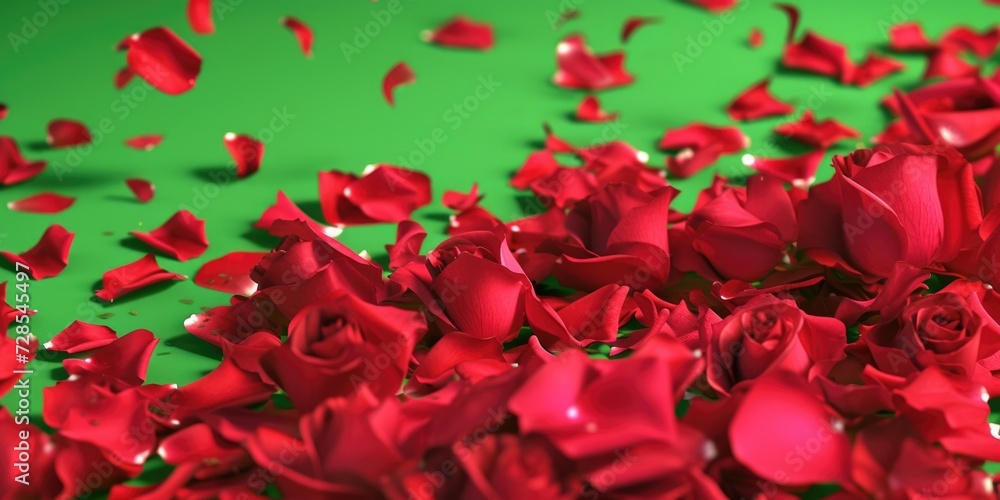 Poster A collection of vibrant red rose petals scattered across a lush green surface. Perfect for adding a touch of romance and elegance to any project