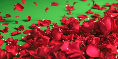 A collection of vibrant red rose petals scattered across a lush green surface. Perfect for adding a touch of romance and elegance to any project