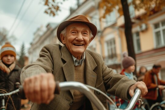 An old man is pictured riding a bicycle while wearing a hat. This image can be used to illustrate active lifestyles, senior transportation, or outdoor activities