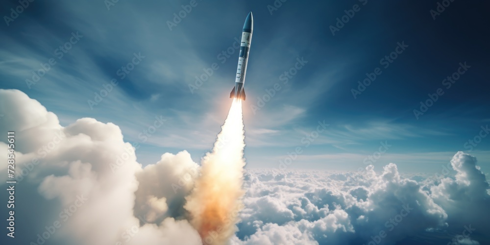 Poster A rocket soaring through the sky with billowing clouds in the background. Suitable for space exploration, technology, and innovation concepts
