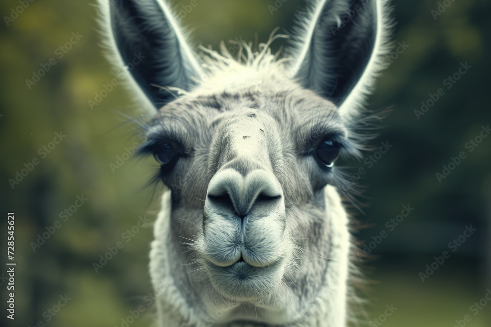 Poster a close-up shot of a llama staring directly at the camera. this image can be used to convey curiosit